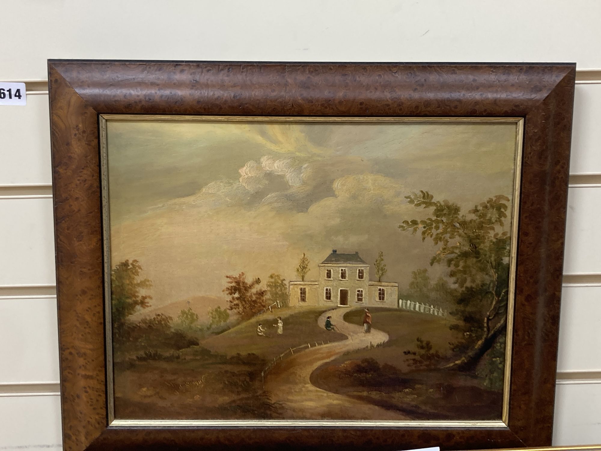 Early 19th century English School, oil on canvas, View of a country house with figures in the foreground, 29 x 38cm